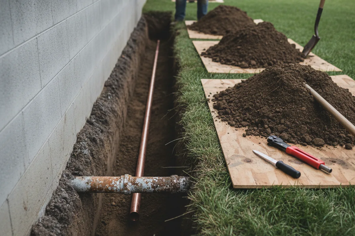 Excavated water line trench during Sewer Line Repair in Macclesfield